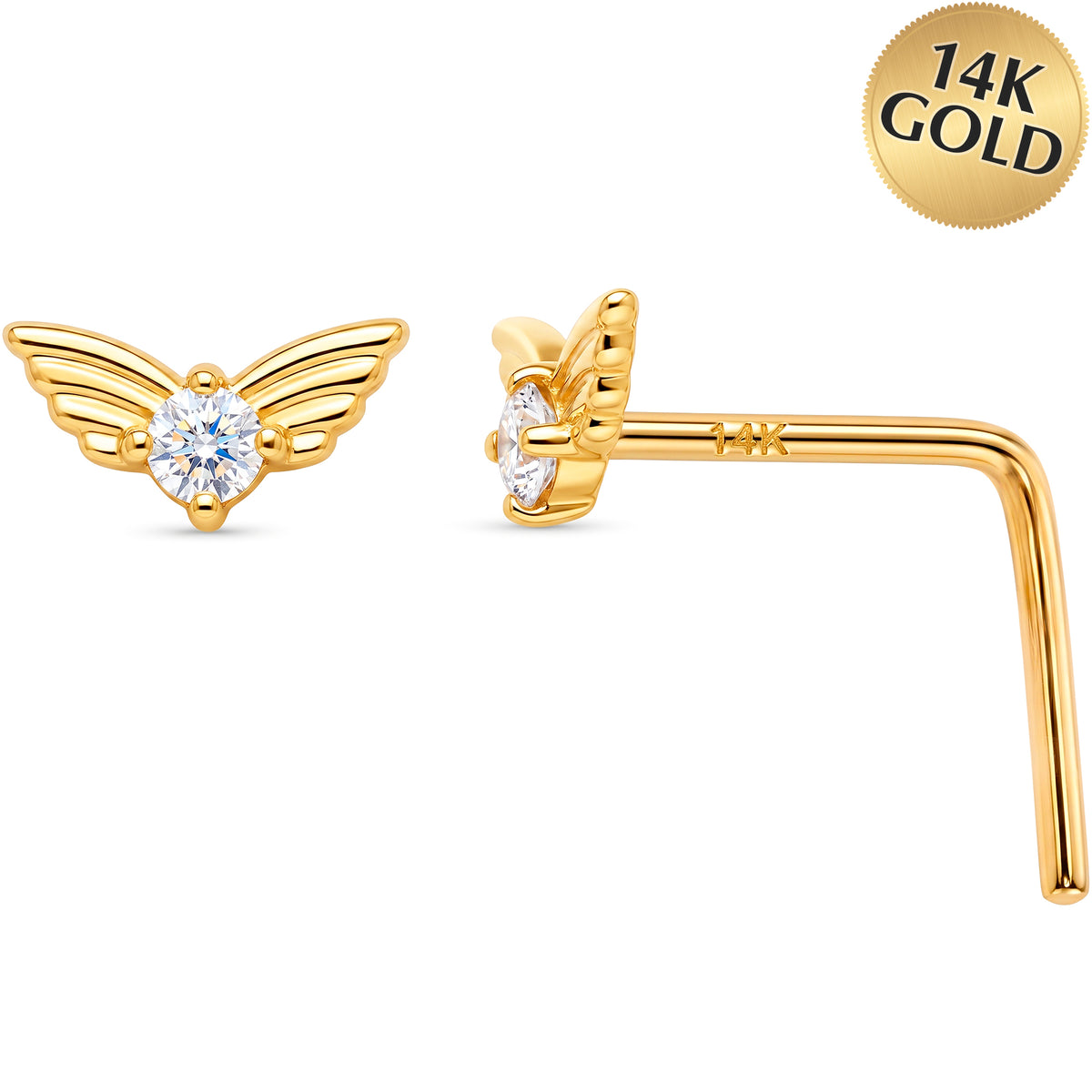 14k Yellow Gold Angel Wing 22 Gauge Nose Ring L-Shape