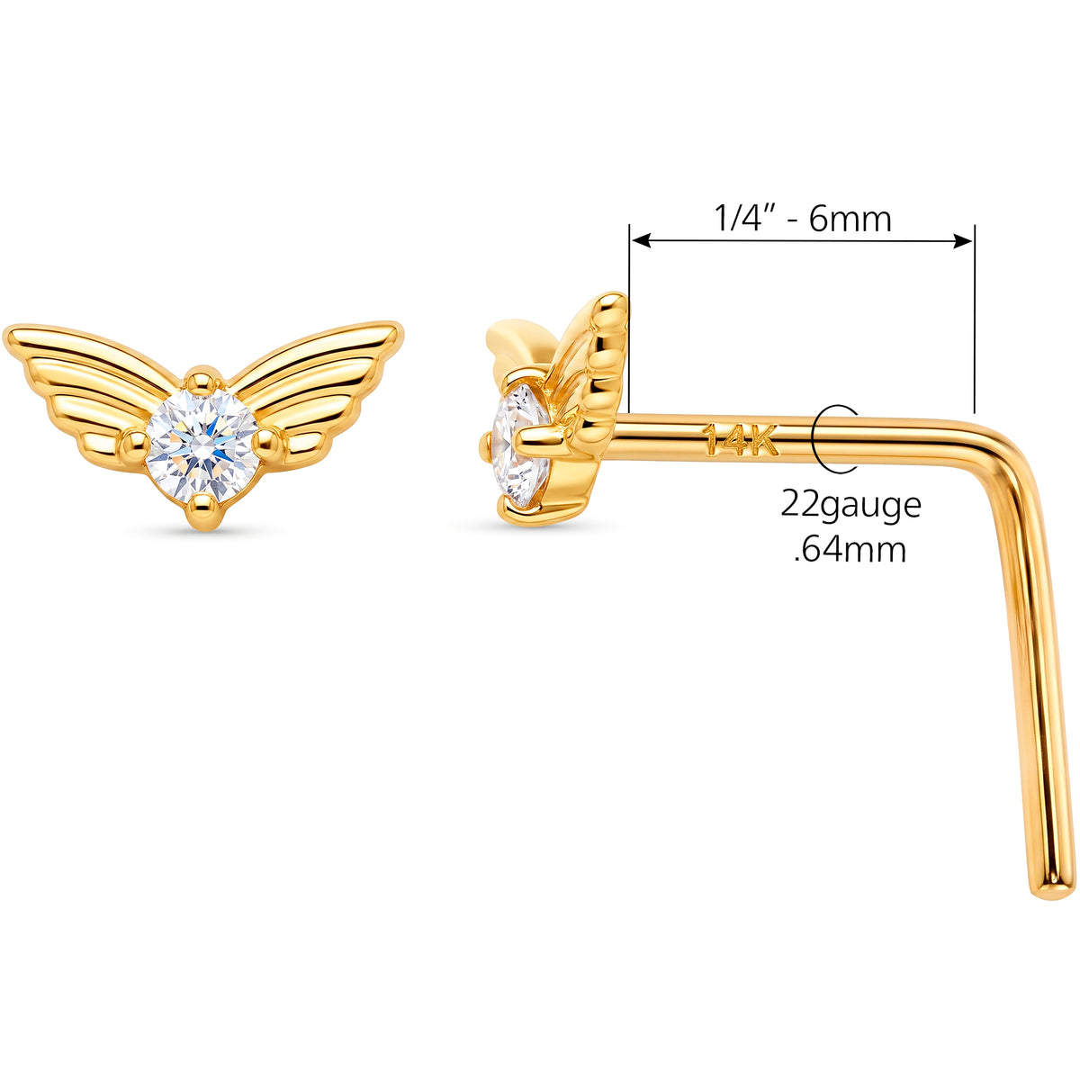 Solid 14k Yellow Gold Angel Wing 22G L-Shape Nose Ring