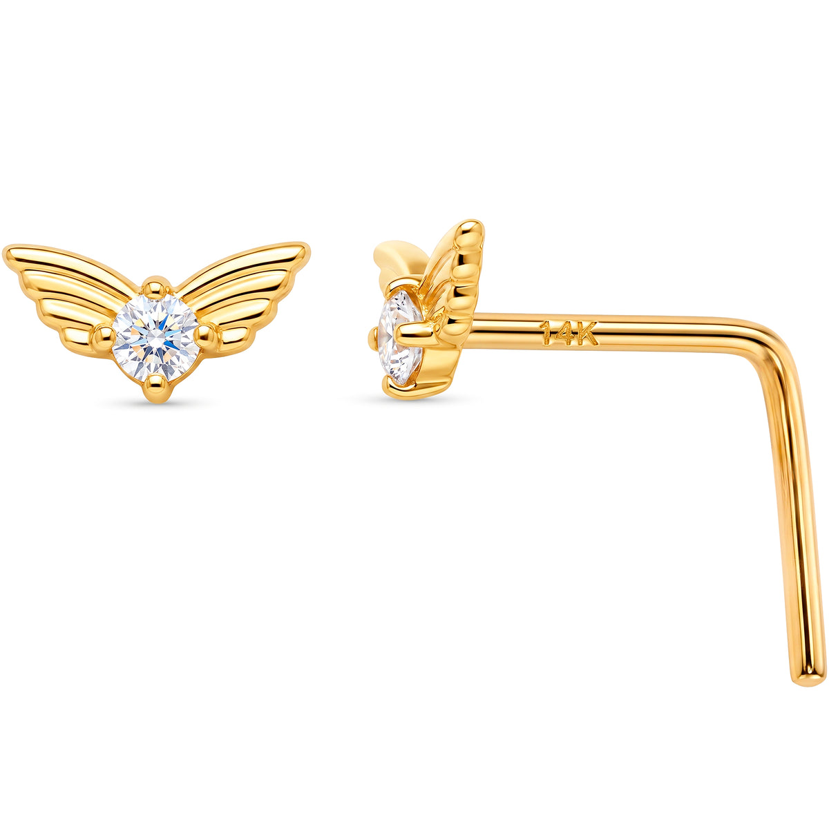 Solid 14k Yellow Gold Angel Wing 22G L-Shape Nose Ring