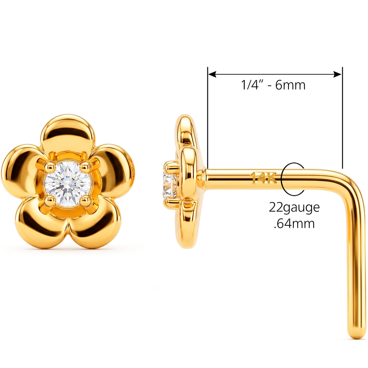 Solid 14k Yellow CZ Petite Blossome 22G L-Shape Nose Ring