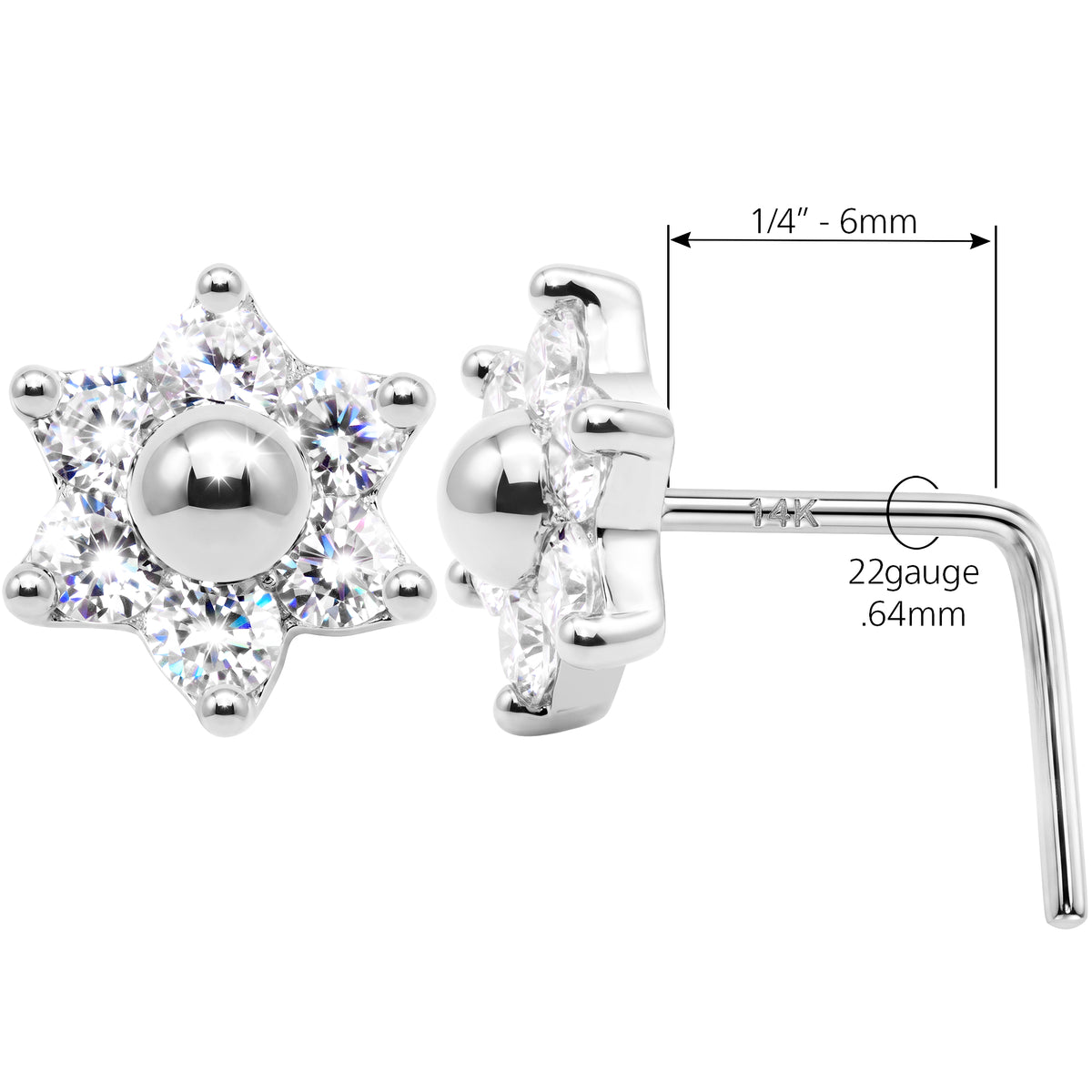 Solid 14k CZ Celestial Star 22G L-Shape Nose Ring