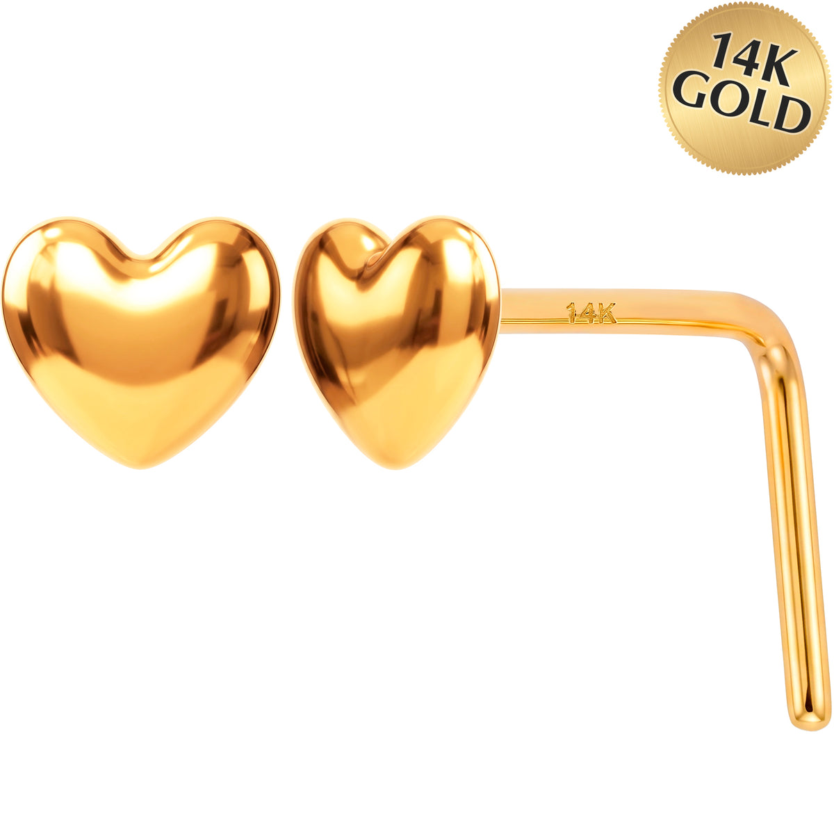 14k Yellow Puffy Heart 22 Gauge Nose Ring L-Shape