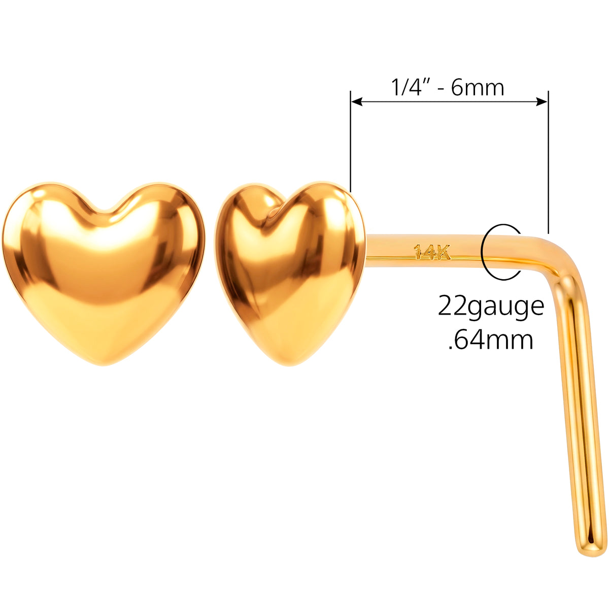 Solid 14k Yellow Puffy Heart 22G L-Shape Nose Ring