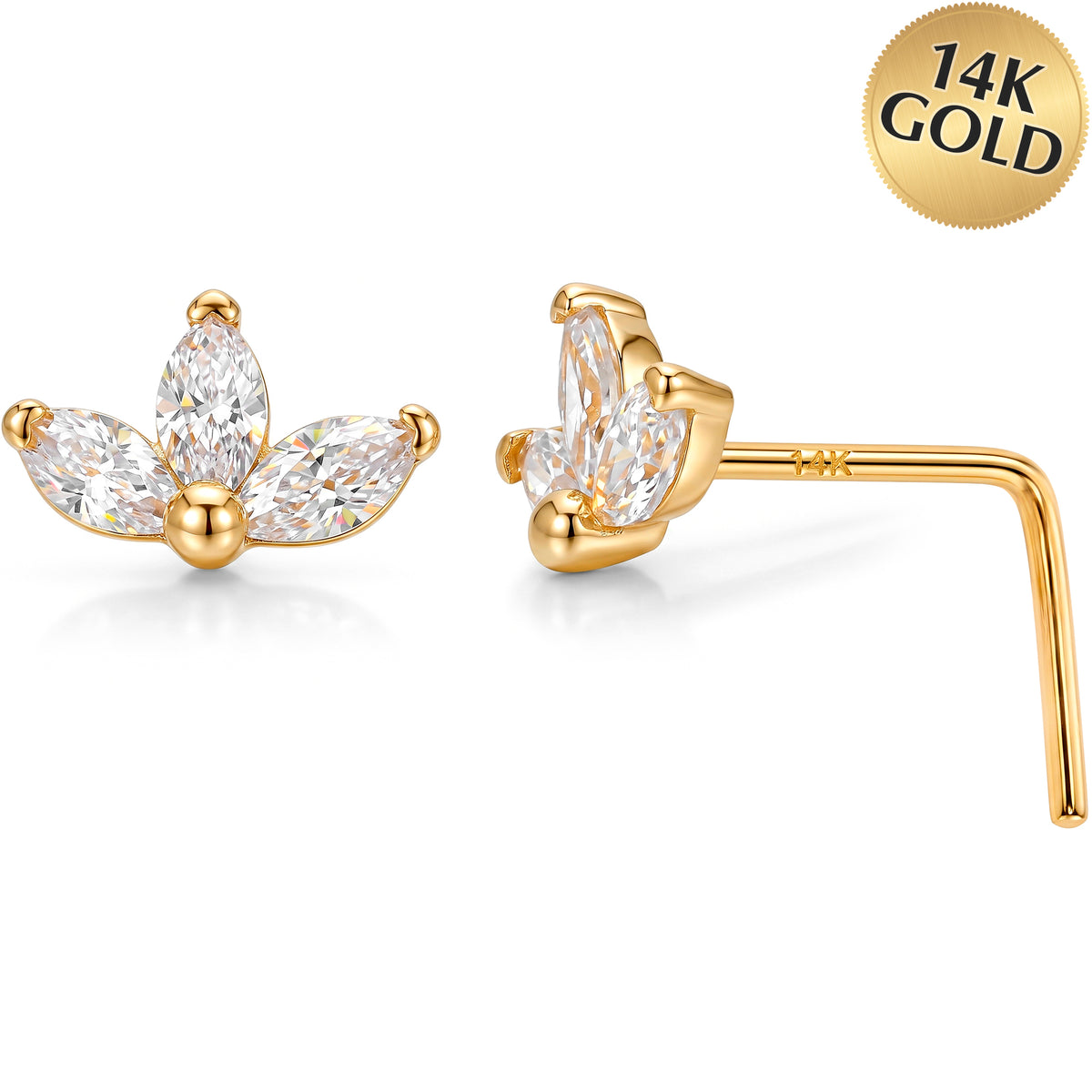 14k Yellow Gold Lotus Bloom CZ 22 Gauge Nose Ring L-Shape