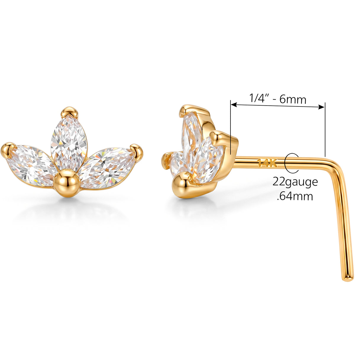Solid 14k Yellow Gold Lotus Bloom CZ 22G L-Shape Nose Ring