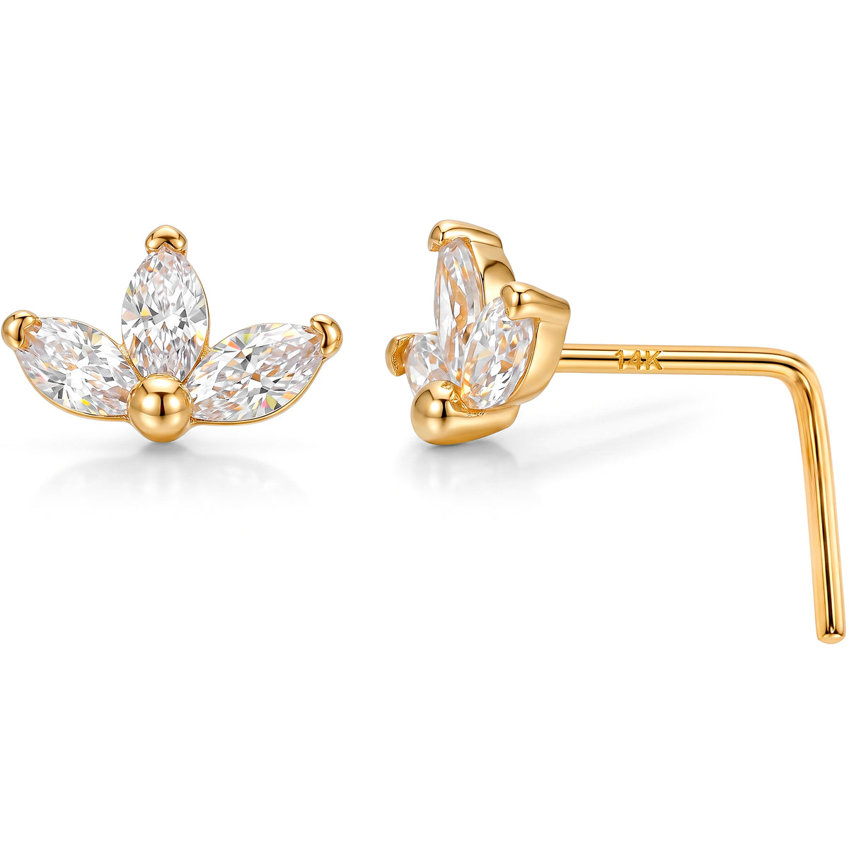Solid 14k Yellow Gold Lotus Bloom CZ 22G L-Shape Nose Ring