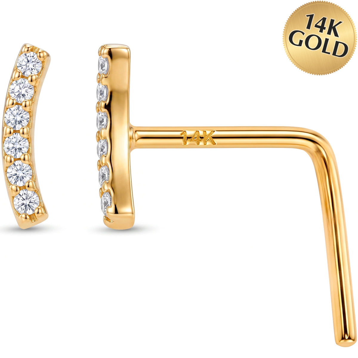 14k Yellow Gold Curved Pave Bar CZ 22 Gauge Nose Ring L-Shape