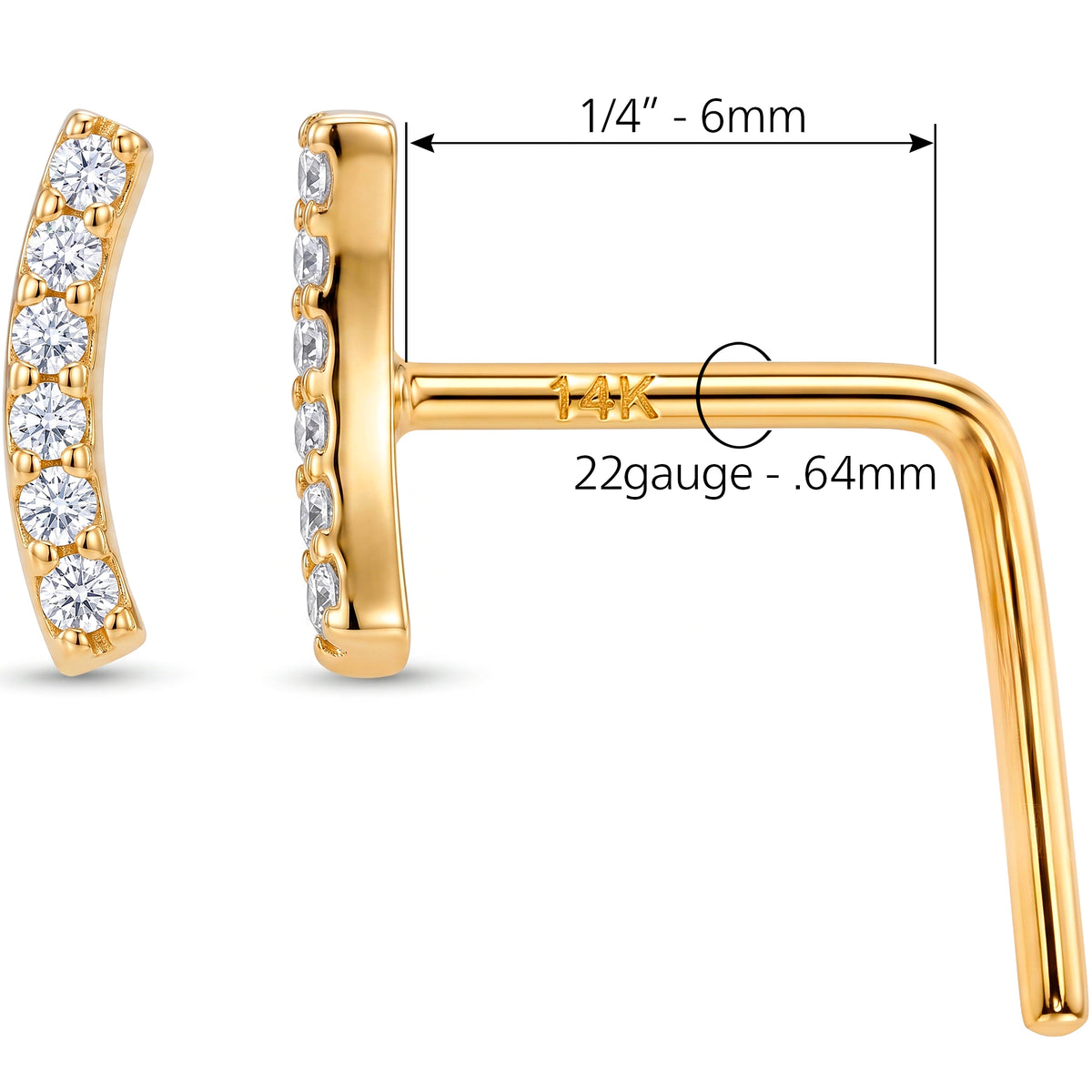 Solid 14k Yellow Gold Curved Pave Bar CZ 22G L-Shape Nose Ring