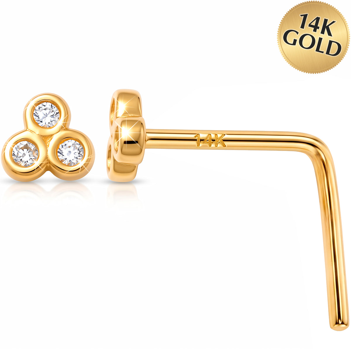 14k Yellow Gold Trio Sparkle CZ 22 Gauge Nose Ring L-Shape