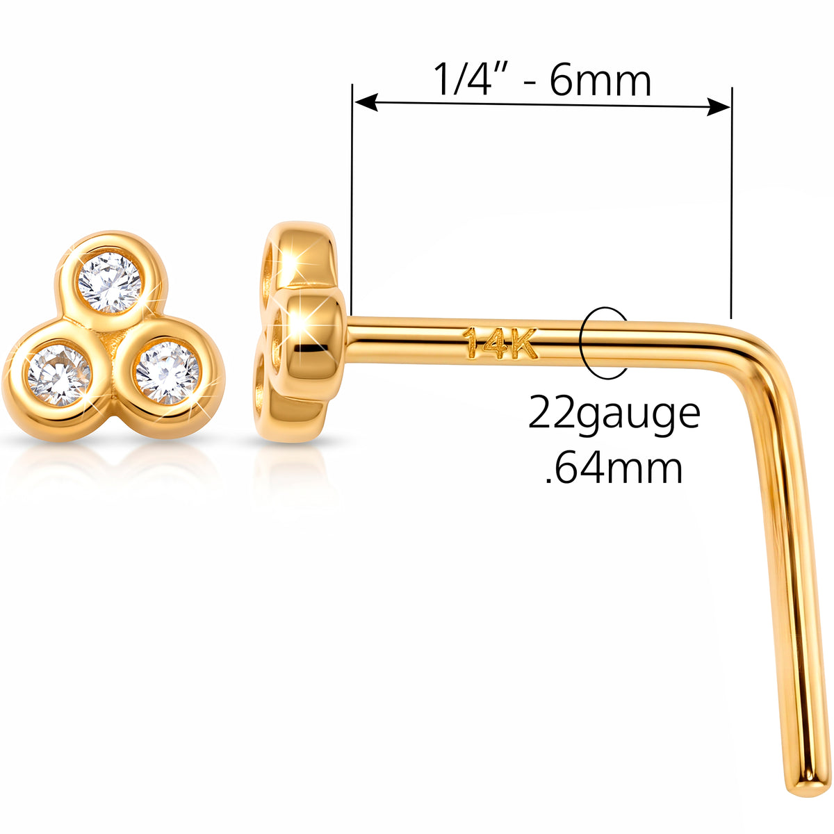 Solid 14k Yellow Gold Trio Sparkle CZ 22G L-Shape Nose Ring