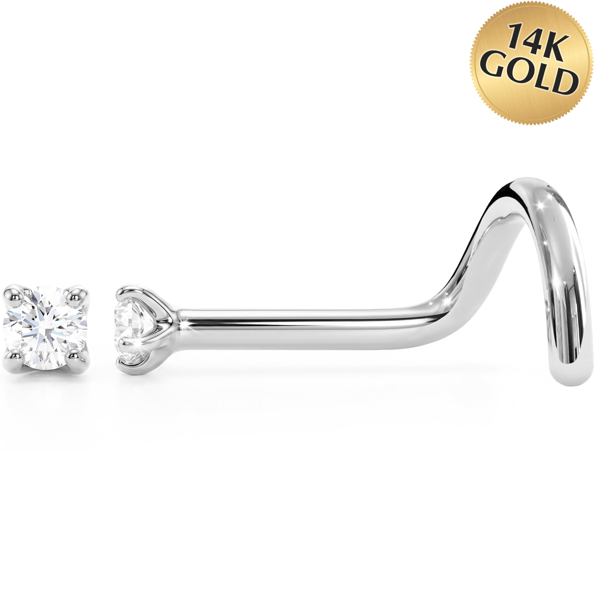 Solid 14k Gold Classic Solitaire CZ 22G Nose Screw Ring