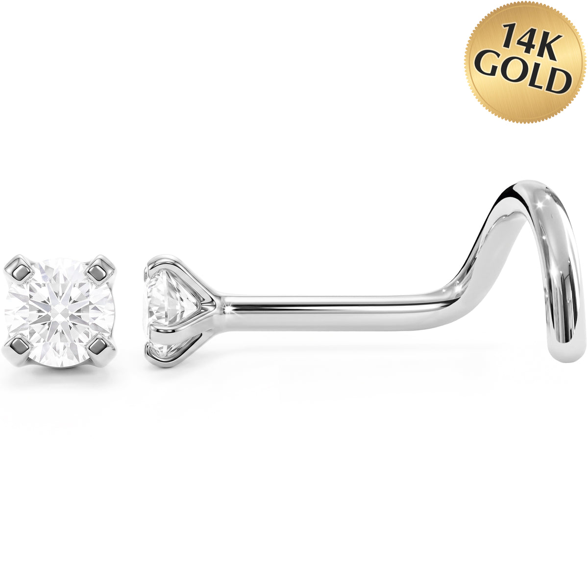 Solid 14k Gold Classic Solitaire CZ 22G Nose Screw Ring
