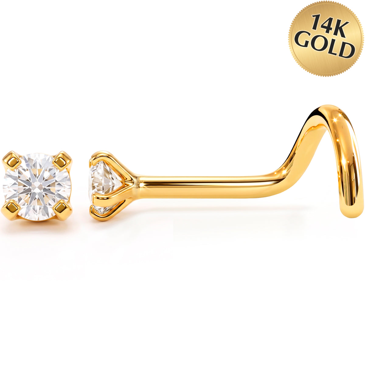 Solid 14k Gold Classic Solitaire CZ 22G Nose Screw Ring