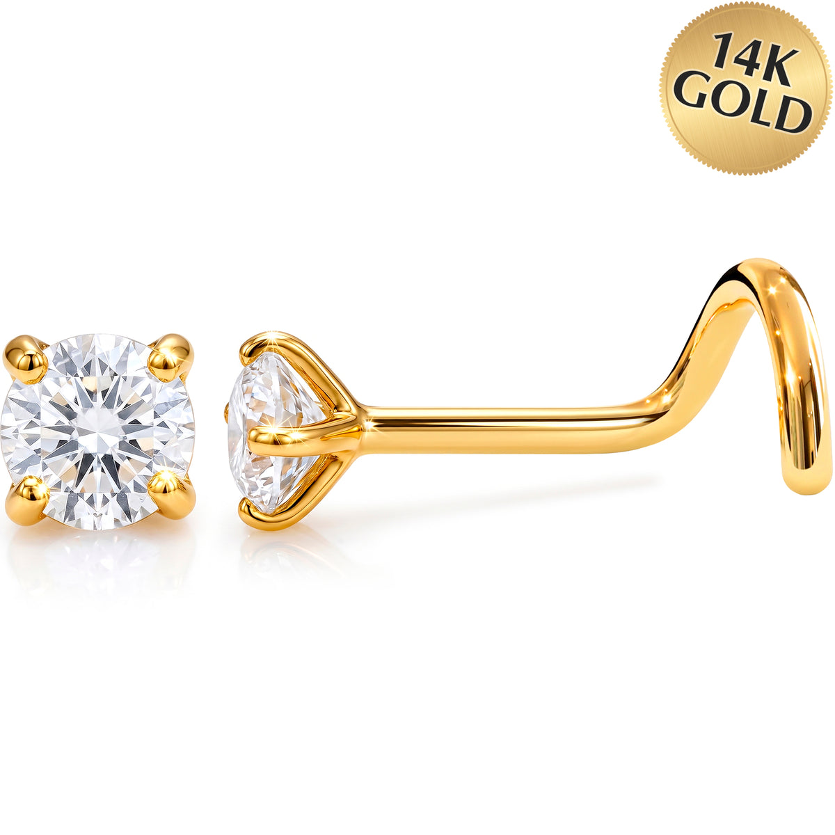 Solid 14k Gold Classic Solitaire CZ 22G Nose Screw Ring
