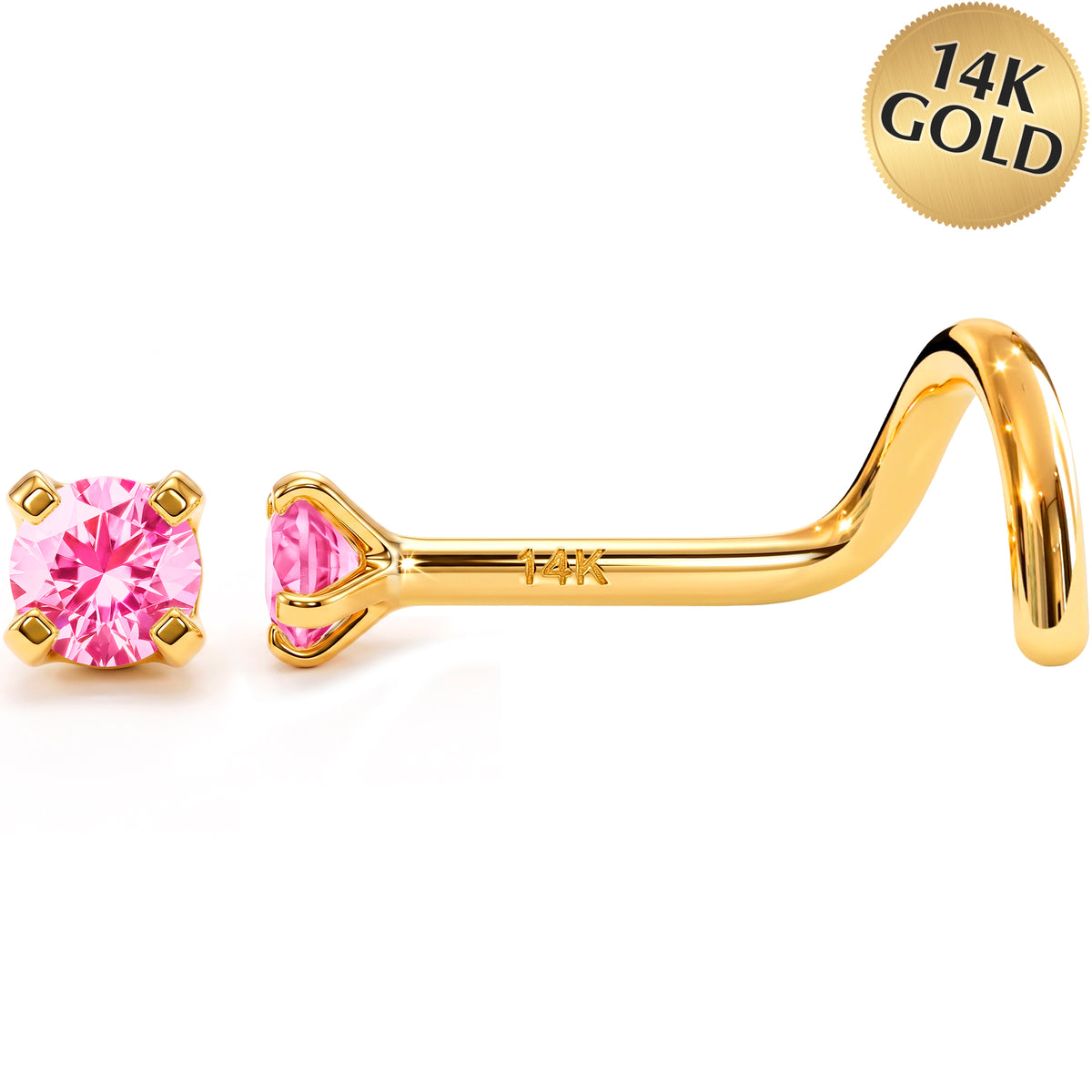 Solid 14k Yellow Gold Classic 2mm Solitaire Pink CZ 22G Nose Screw Ring