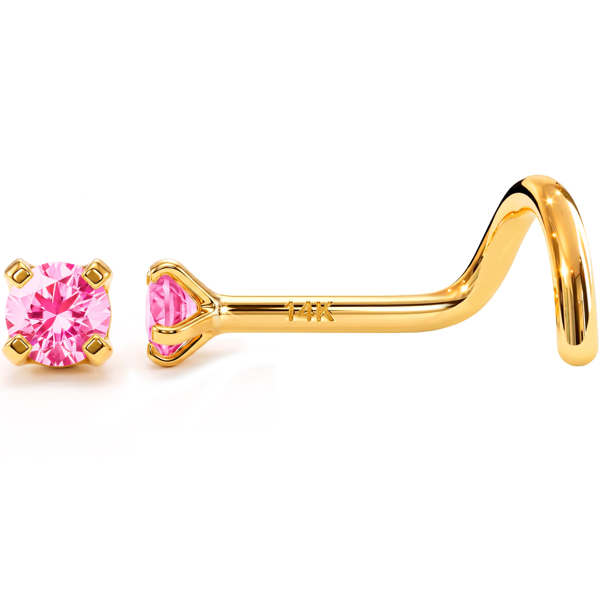 Solid 14k Yellow Gold Classic 2mm Solitaire Pink CZ 22G Nose Screw Ring