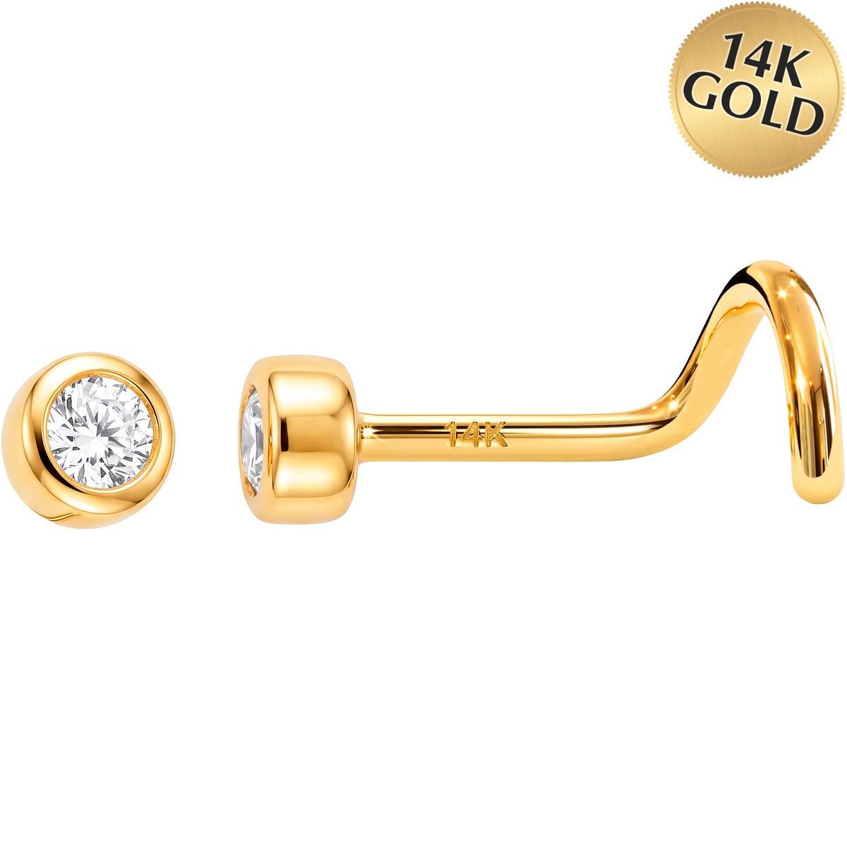 Solid 14k Gold Bezel CZ 22G Nose Screw Ring