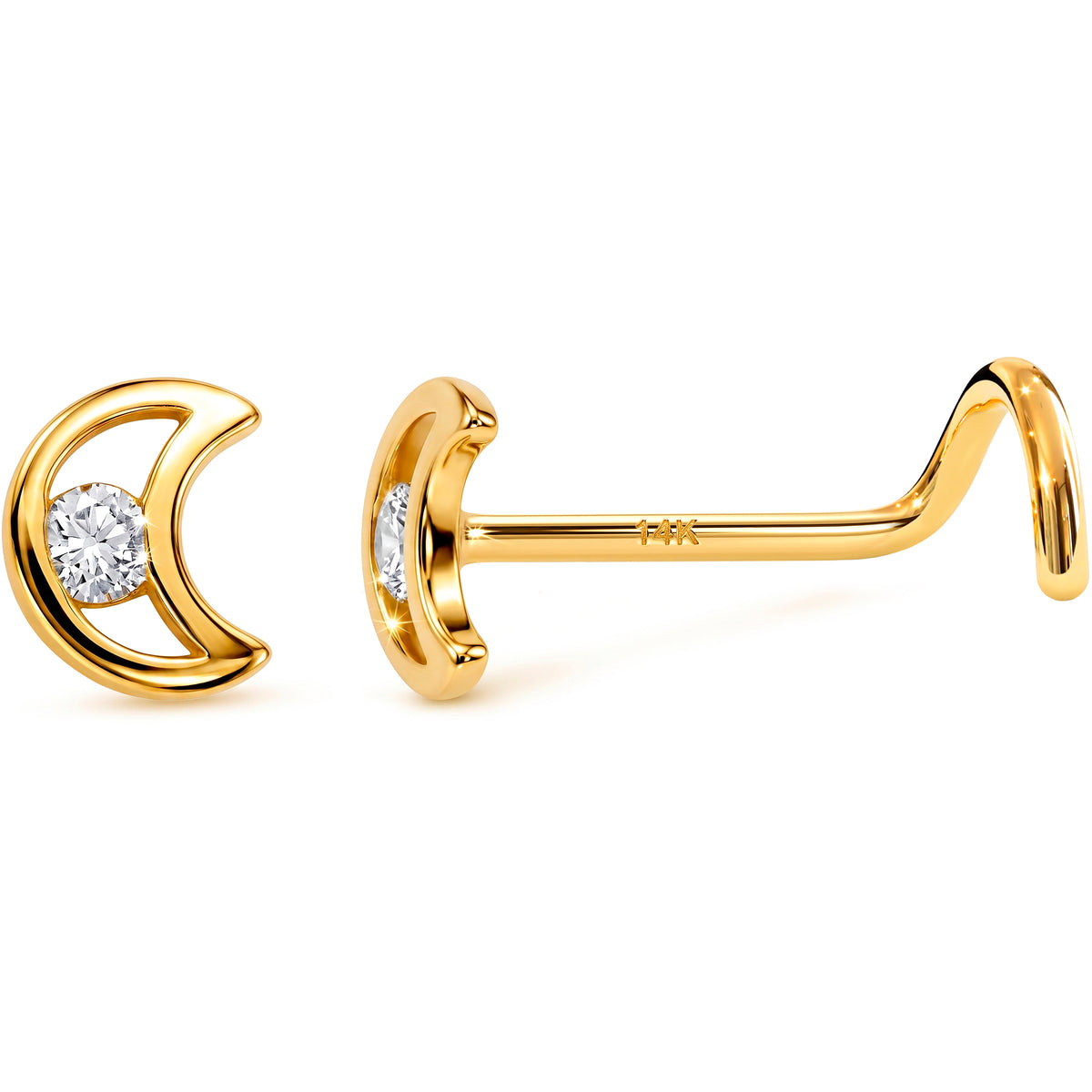 Solid 14k Yellow Gold Moonlit Crescent CZ 22G Nose Screw Ring