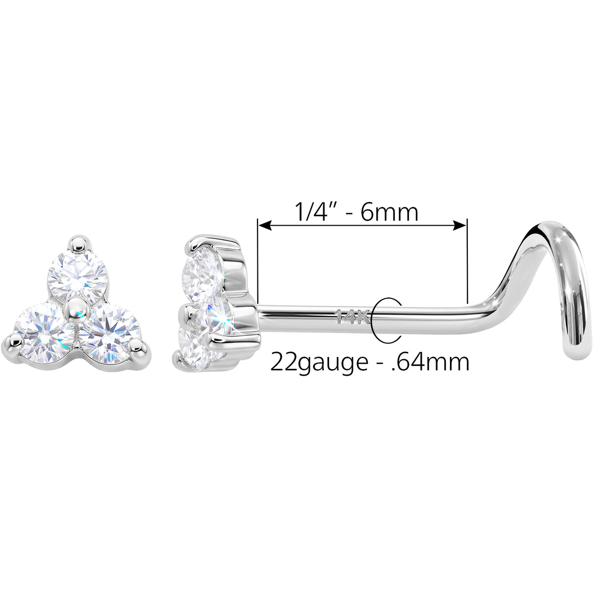 Solid 14k White Gold Trinity CZ 22G Nose Screw Ring