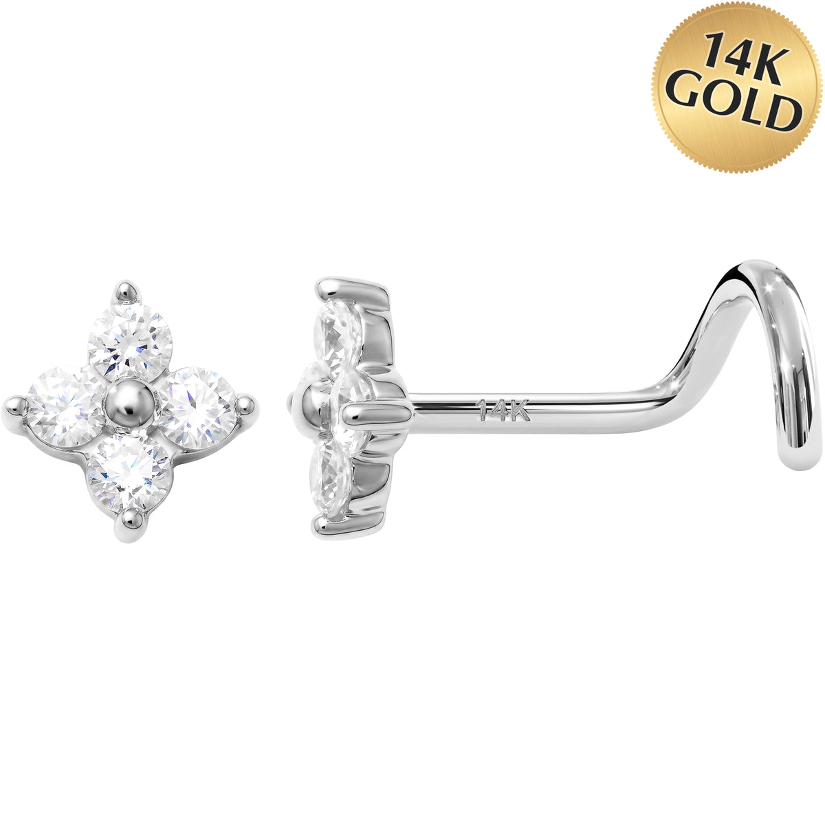 Solid 14k 4-Petal Flower CZ 22G Nose Screw Ring