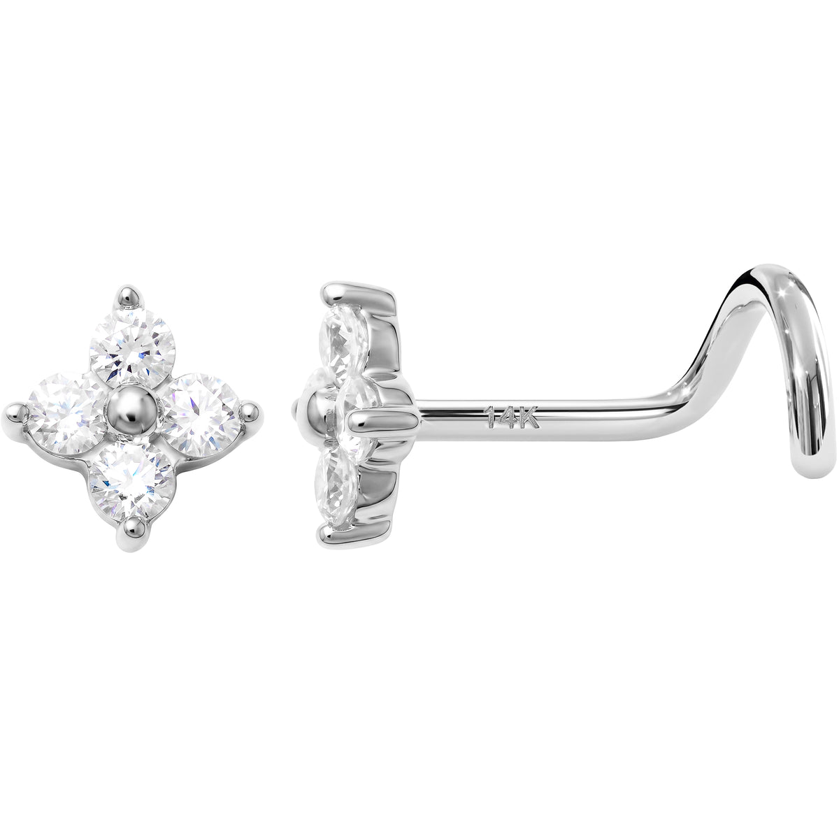 Solid 14k 4-Petal Flower CZ 22G Nose Screw Ring