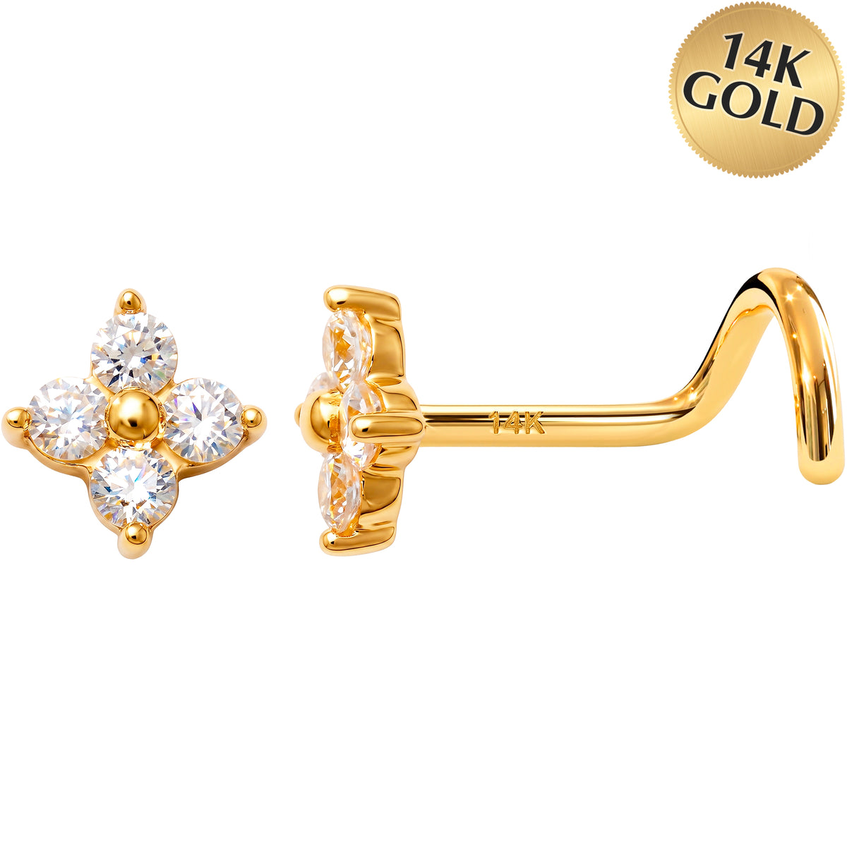 Solid 14k 4-Petal Flower CZ 22G Nose Screw Ring