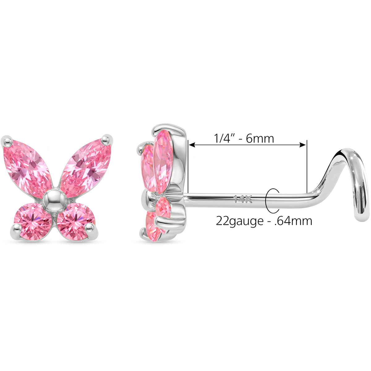 Solid 14k Gold Butterfly Sparkle Pink CZ 22G Nose Screw Ring