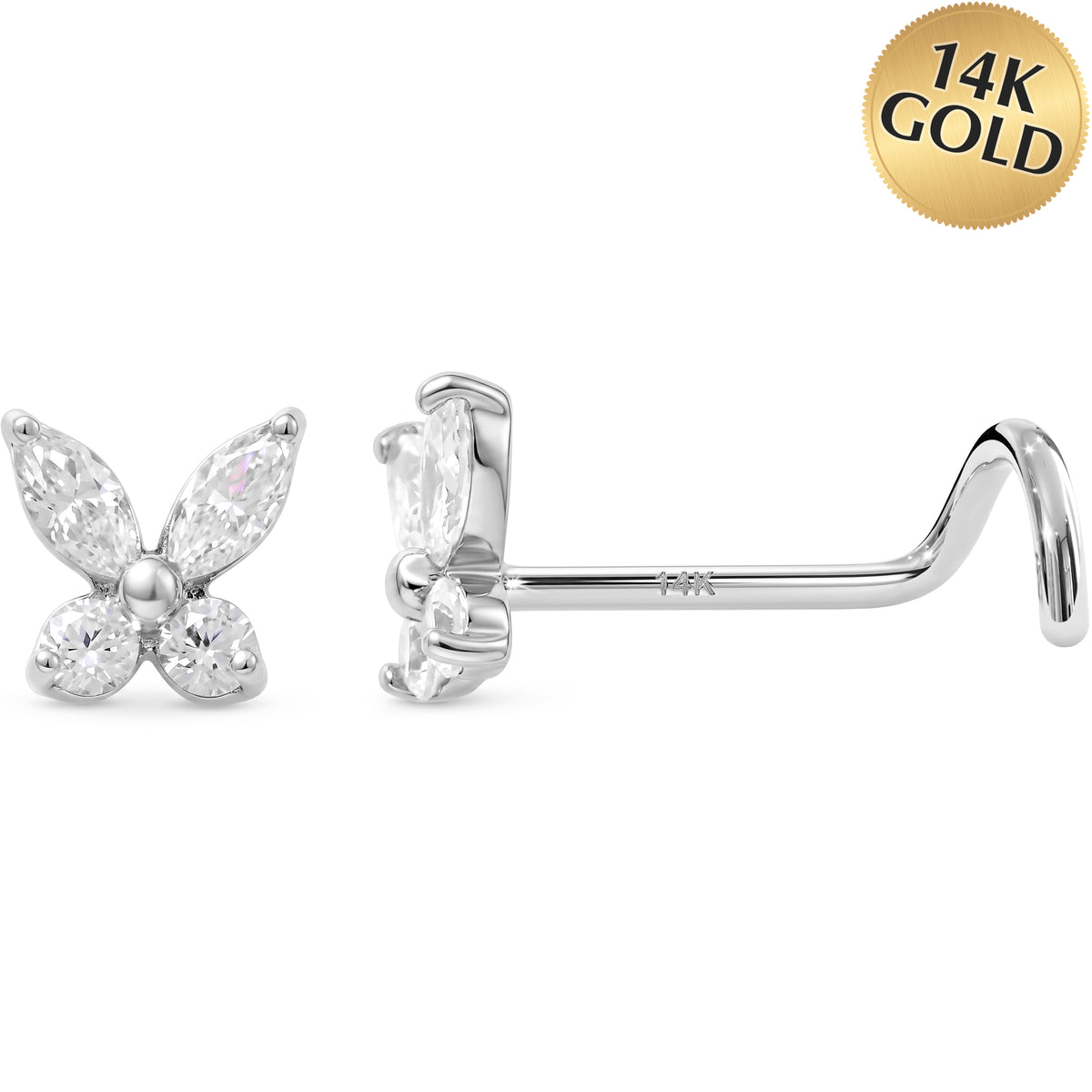 Solid 14k White Gold Butterfly Sparkle CZ 22G Nose Screw Ring