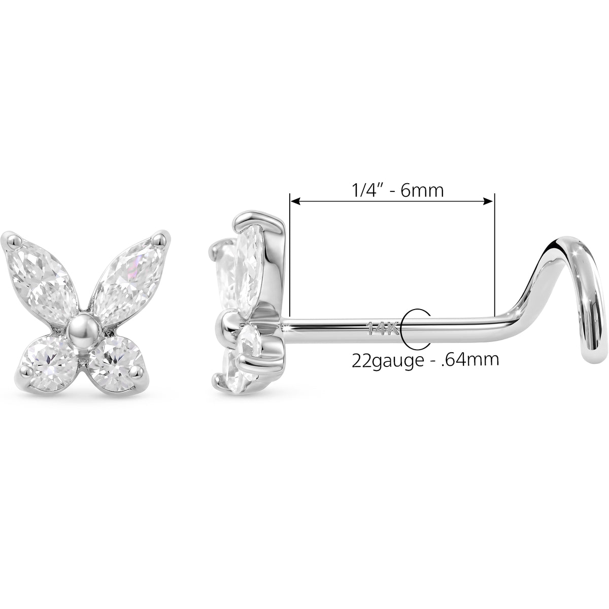 Solid 14k White Gold Butterfly Sparkle CZ 22G Nose Screw Ring