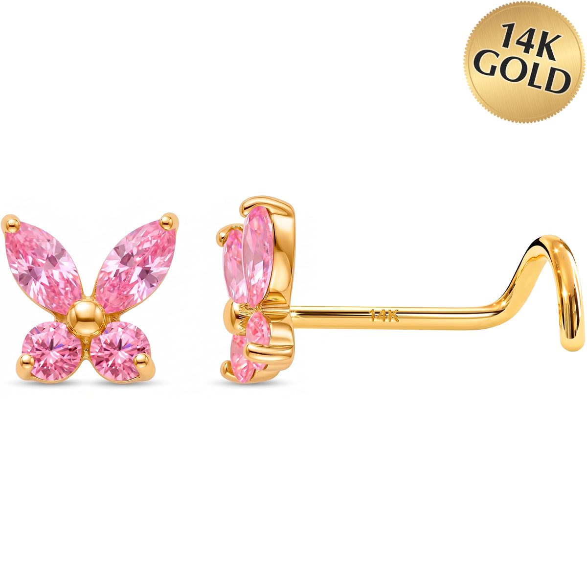 Solid 14k Gold Butterfly Sparkle Pink CZ 22G Nose Screw Ring