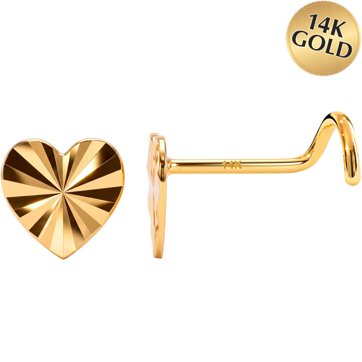 Solid 14k Yellow Gold Diamond Cut Heart 22G Nose Screw Ring