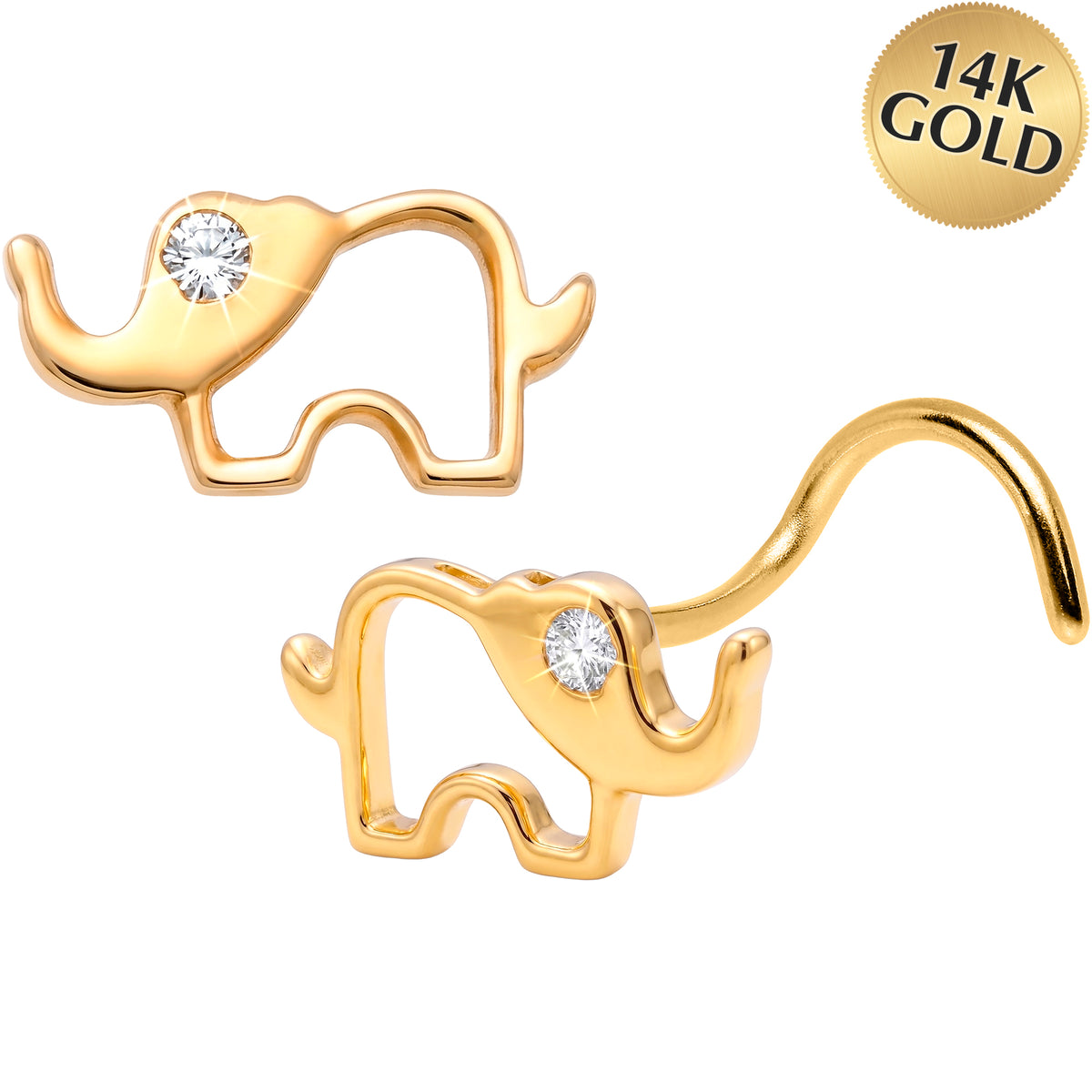 Solid 14k Yellow Gold CZ Lucky Elephant 22G Nose Screw Ring