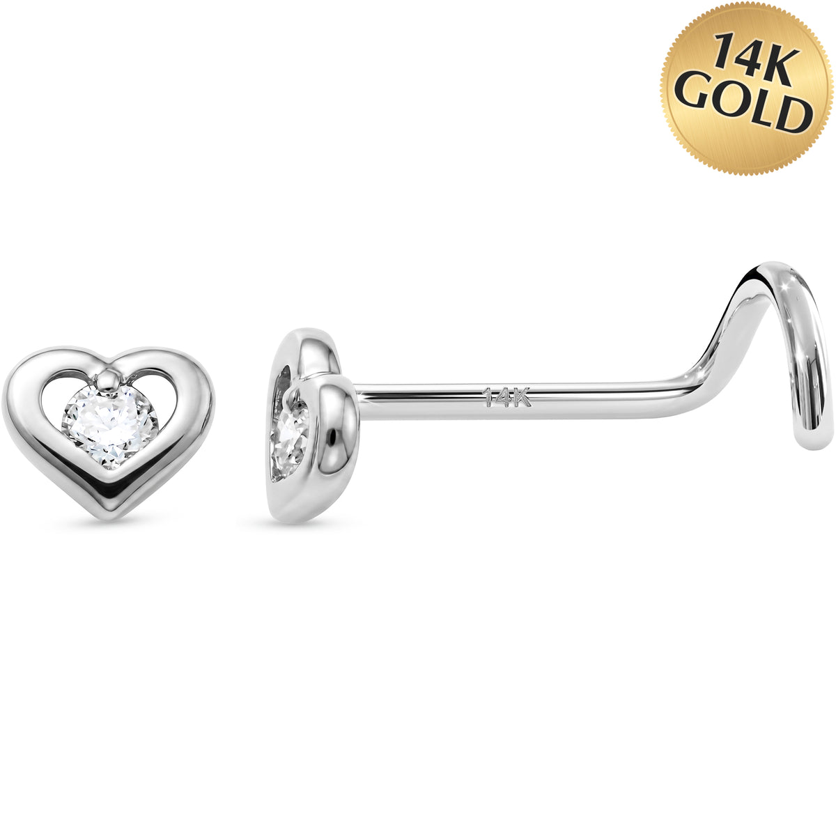 Solid 14k White Gold CZ Sweetheart 22G Nose Screw Ring