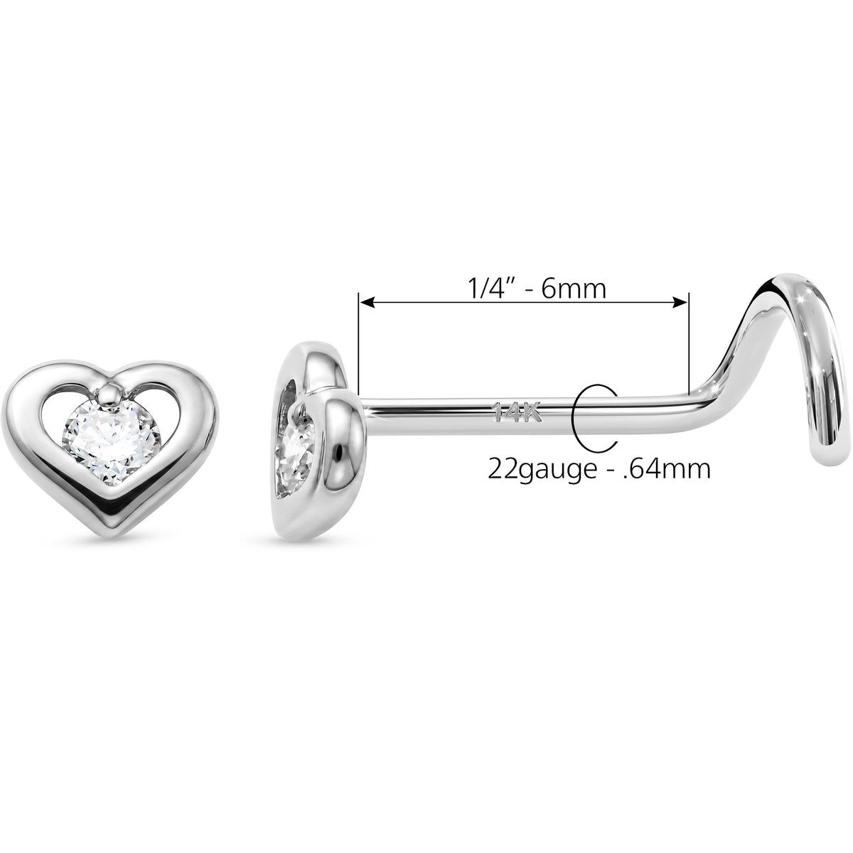Solid 14k White Gold CZ Sweetheart 22G Nose Screw Ring