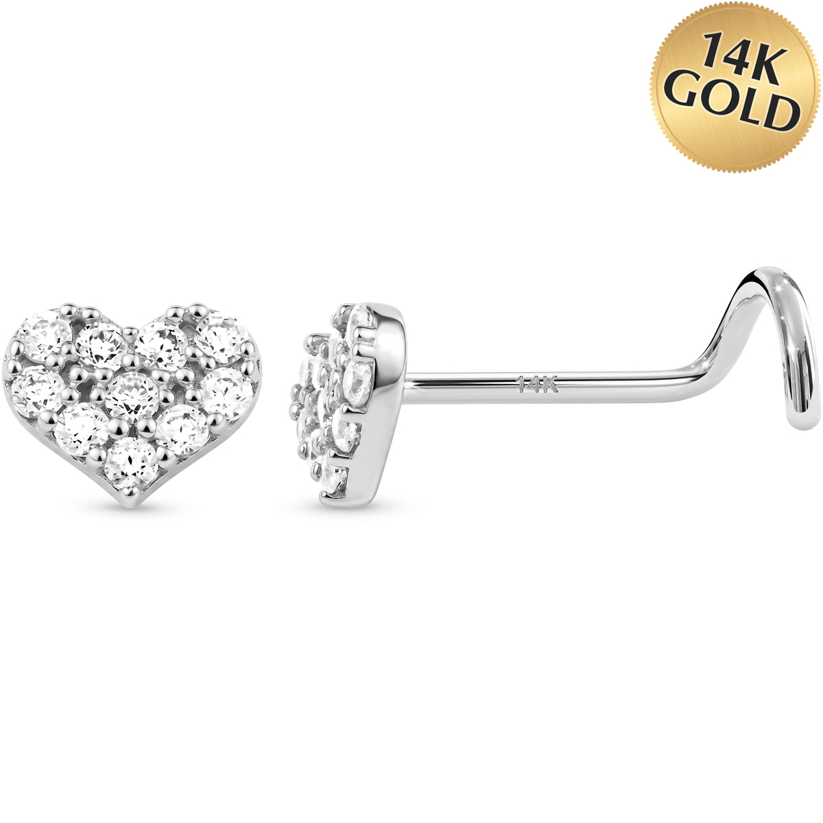 Solid 14k White Gold Pave Sweetheart CZ 22G Nose Screw Ring