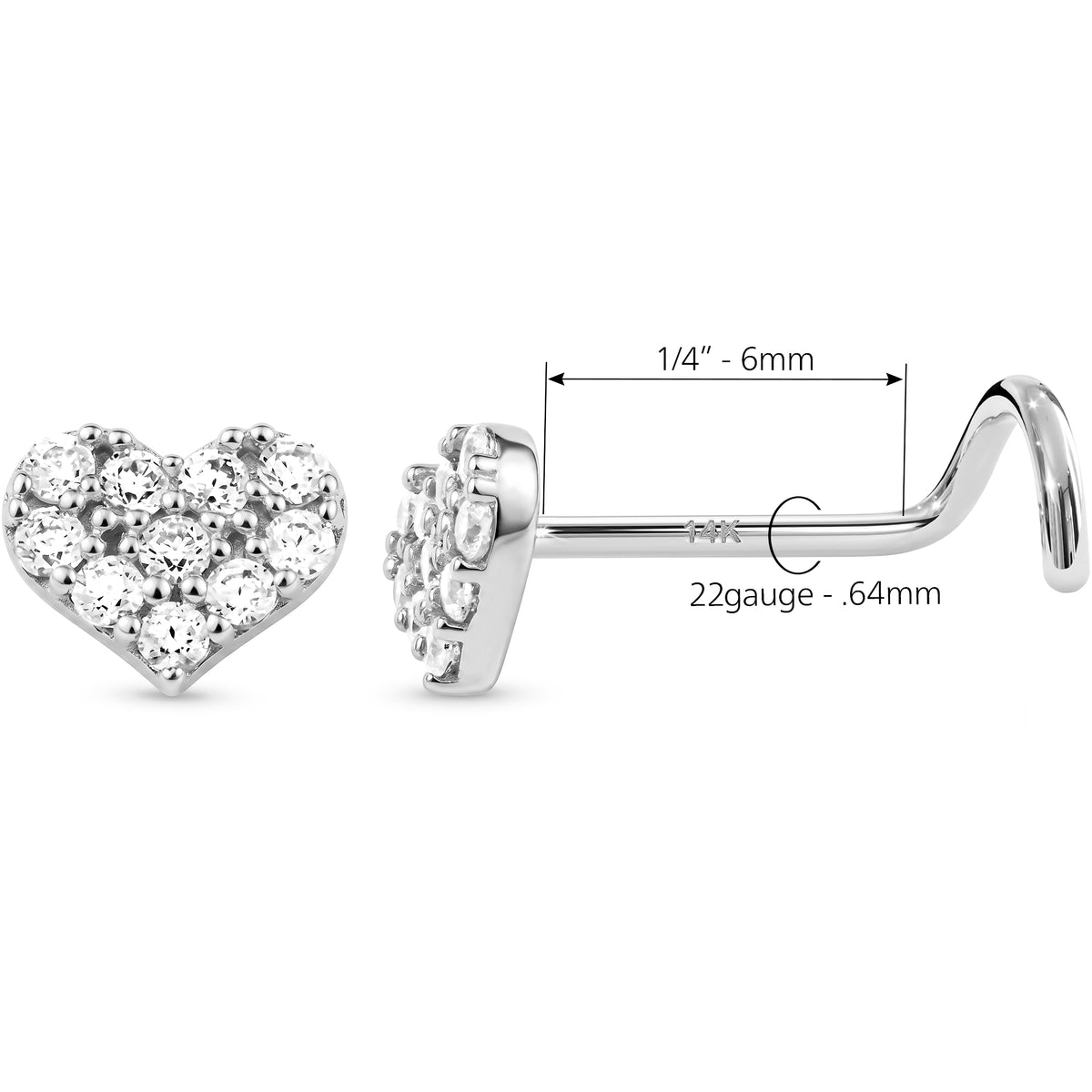 Solid 14k White Gold Pave Sweetheart CZ 22G Nose Screw Ring