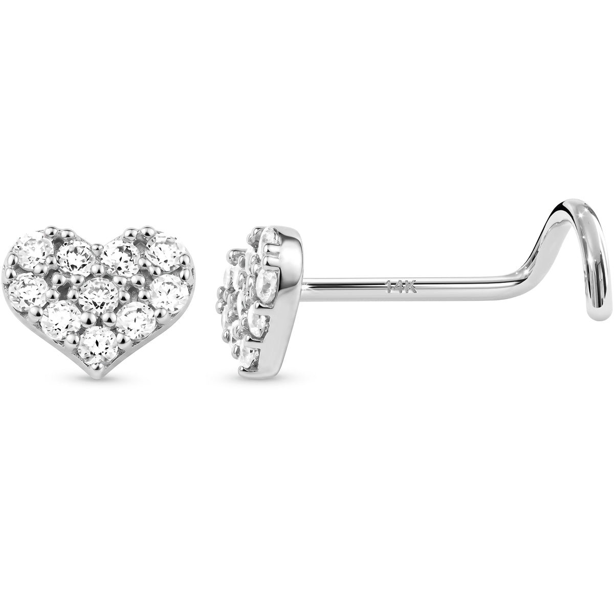 Solid 14k White Gold Pave Sweetheart CZ 22G Nose Screw Ring