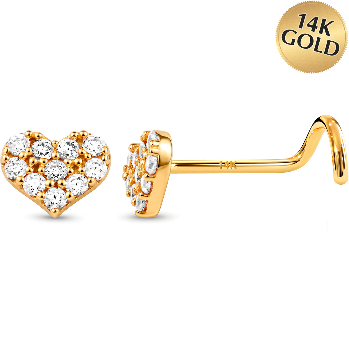Solid 14k White Gold Pave Sweetheart CZ 22G Nose Screw Ring