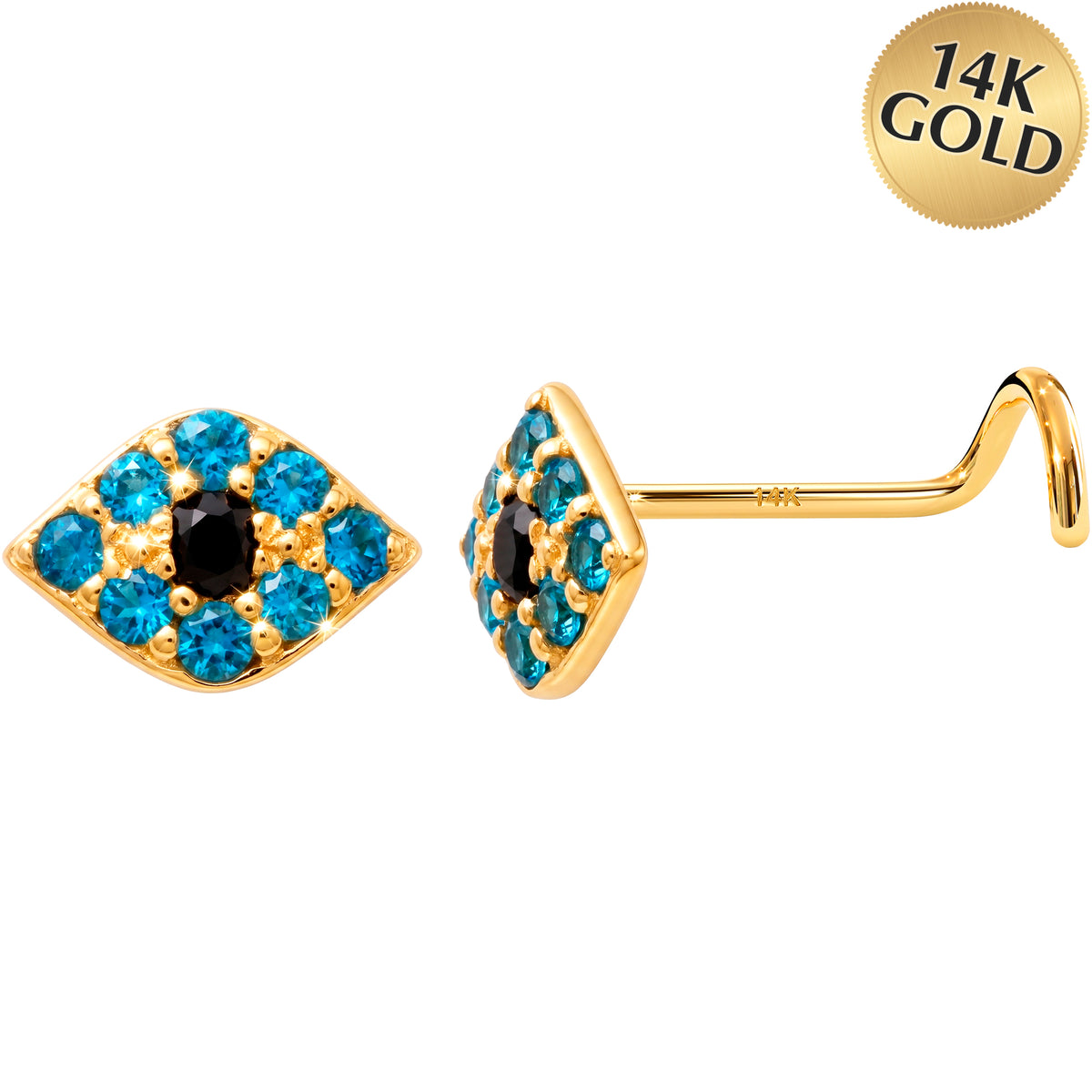 Solid 14k Yellow Gold Mystic Evil Eye CZ 22G Nose Screw Ring