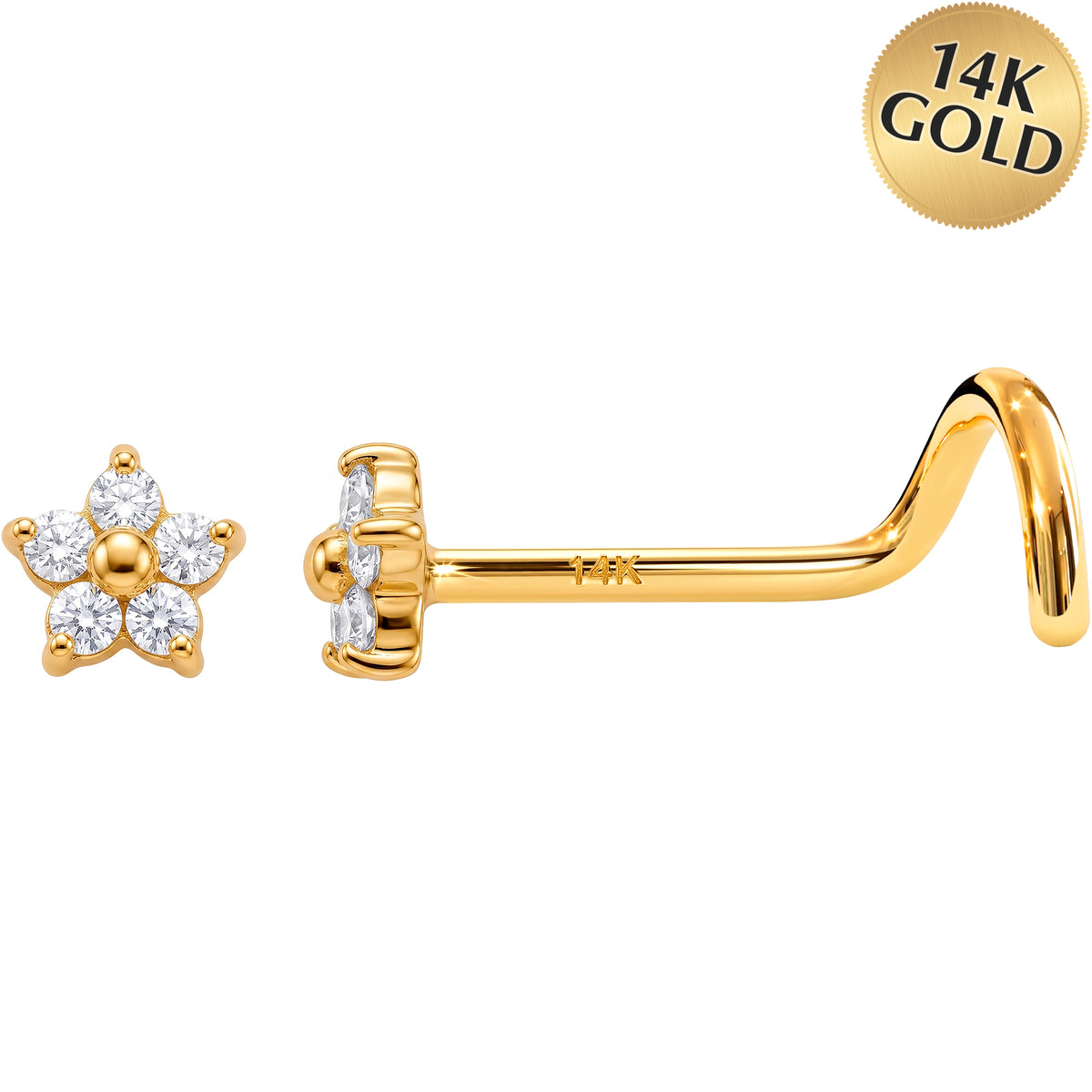 Solid 14k Yellow Gold Starlight Flower CZ 22G Nose Screw Ring
