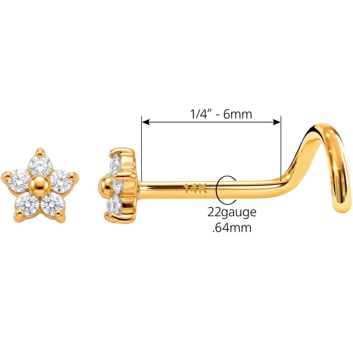 Solid 14k Yellow Gold Starlight Flower CZ 22G Nose Screw Ring