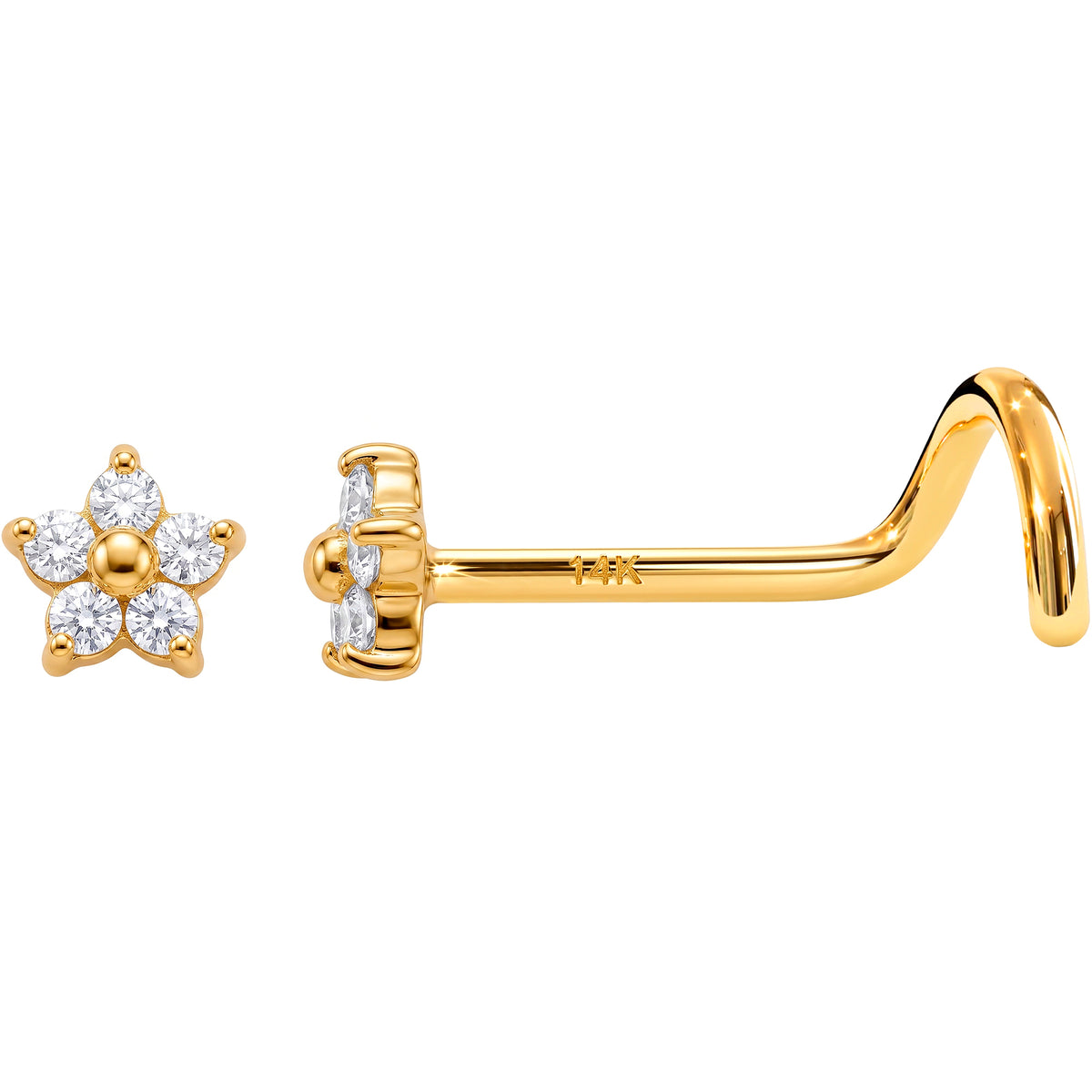 Solid 14k Yellow Gold Starlight Flower CZ 22G Nose Screw Ring