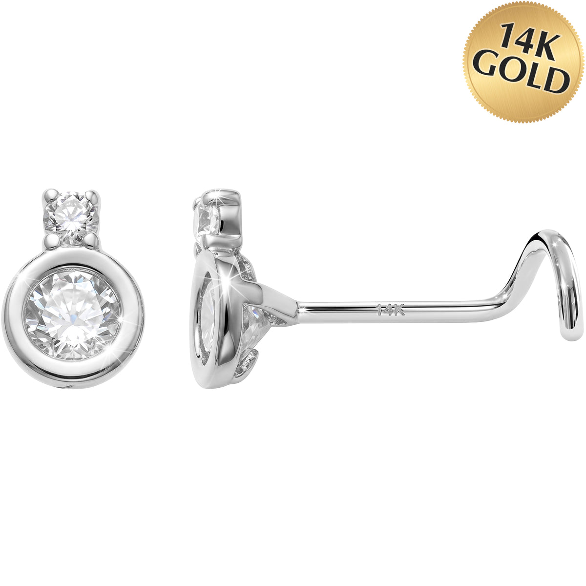 Solid 14k White Gold CZ Celestial Orbit 22G Nose Screw Ring