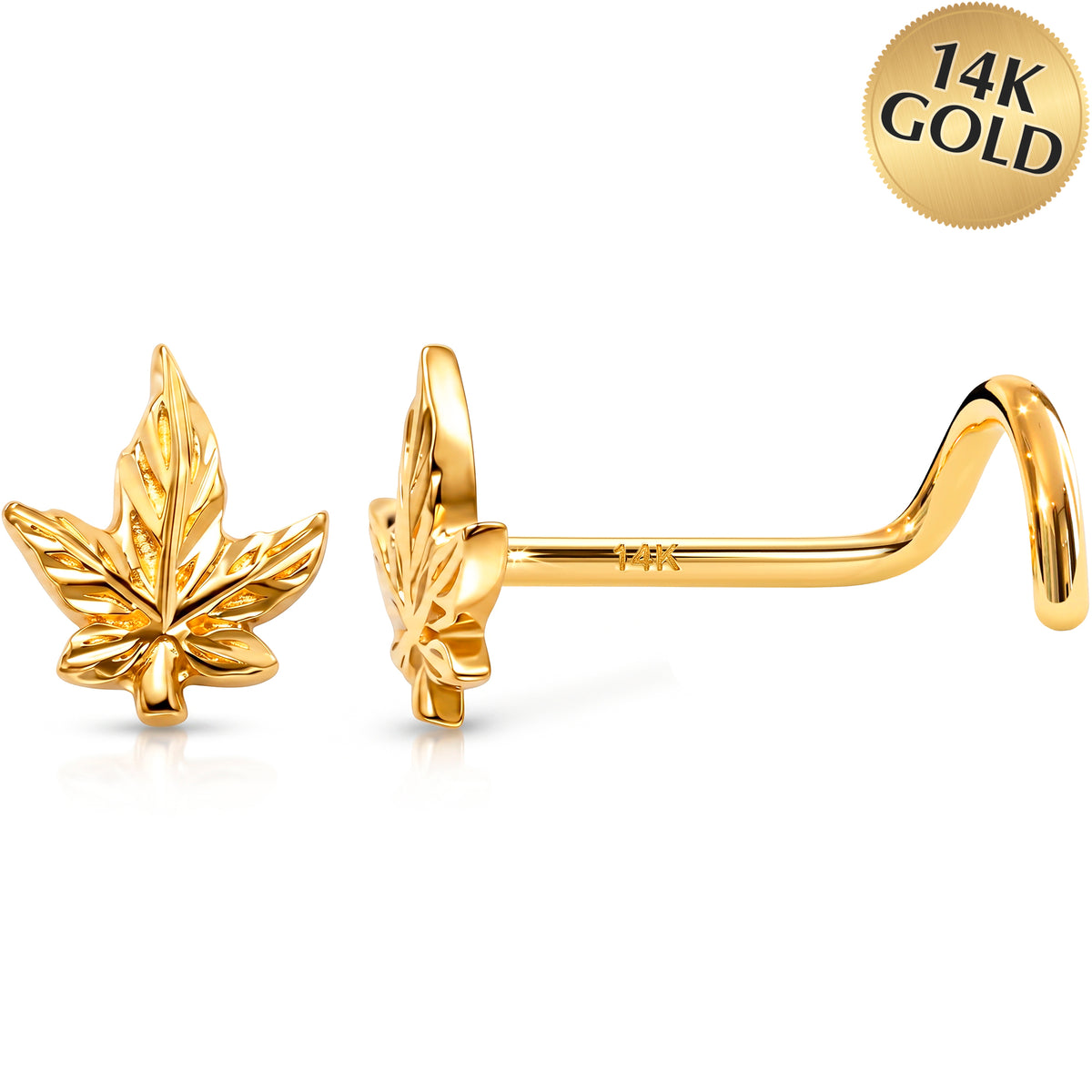 Solid 14k Yellow Gold Golden Cannabis Leaf 22G Nose Screw Ring