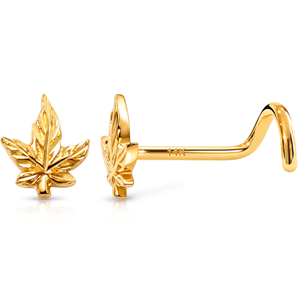 Solid 14k Yellow Gold Golden Cannabis Leaf 22G Nose Screw Ring