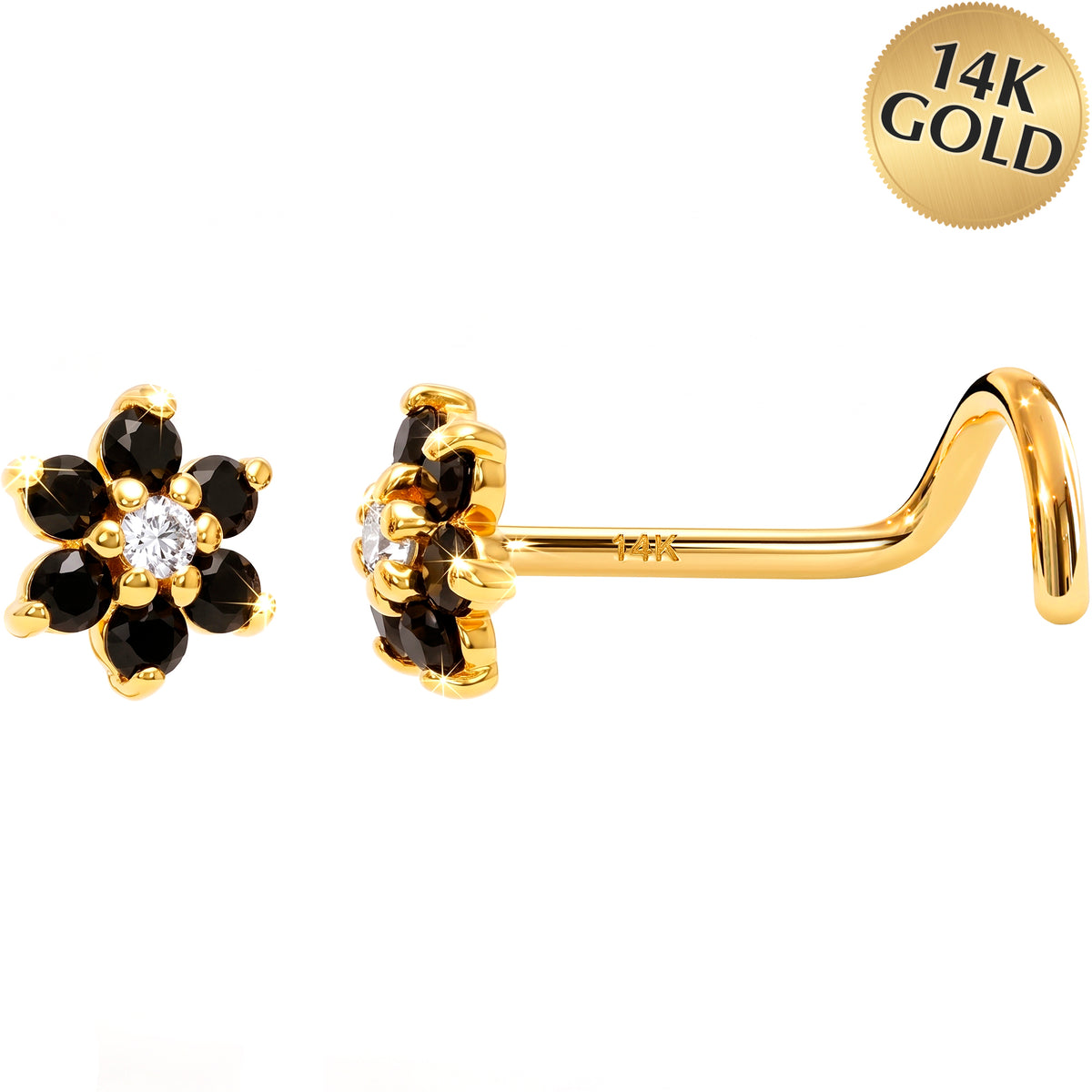 Solid 14k Yellow Gold Black CZ Midnight Flower 22G Nose Screw Ring