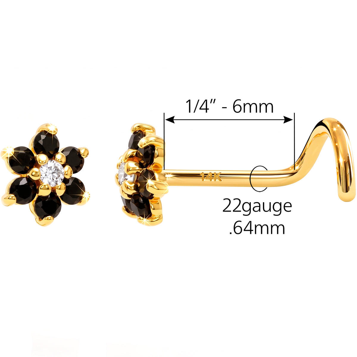 Solid 14k Yellow Gold Black CZ Midnight Flower 22G Nose Screw Ring