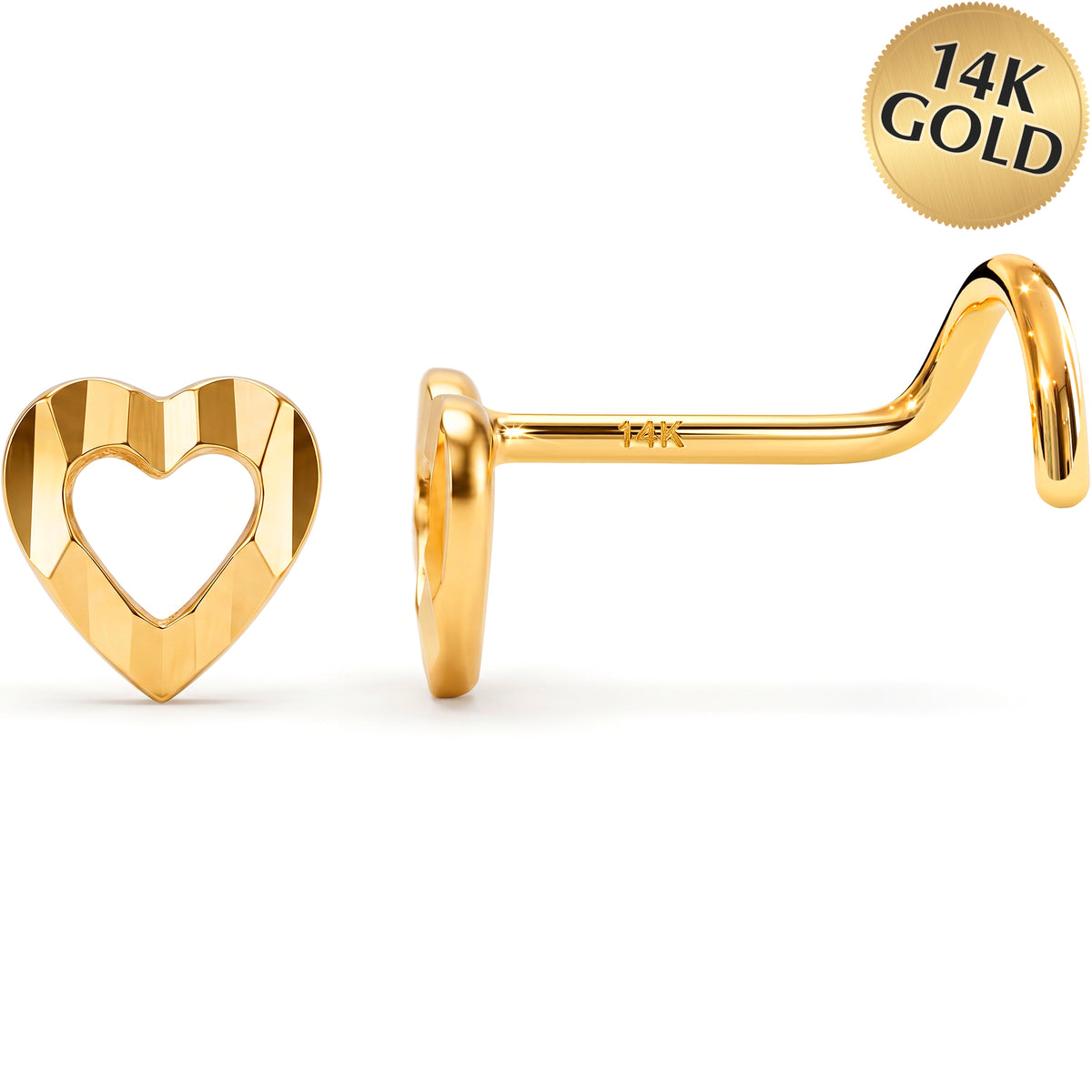 Solid 14k Yellow Gold Open Heart 22G Nose Screw Ring