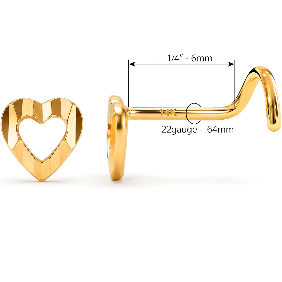 Solid 14k Yellow Gold Open Heart 22G Nose Screw Ring
