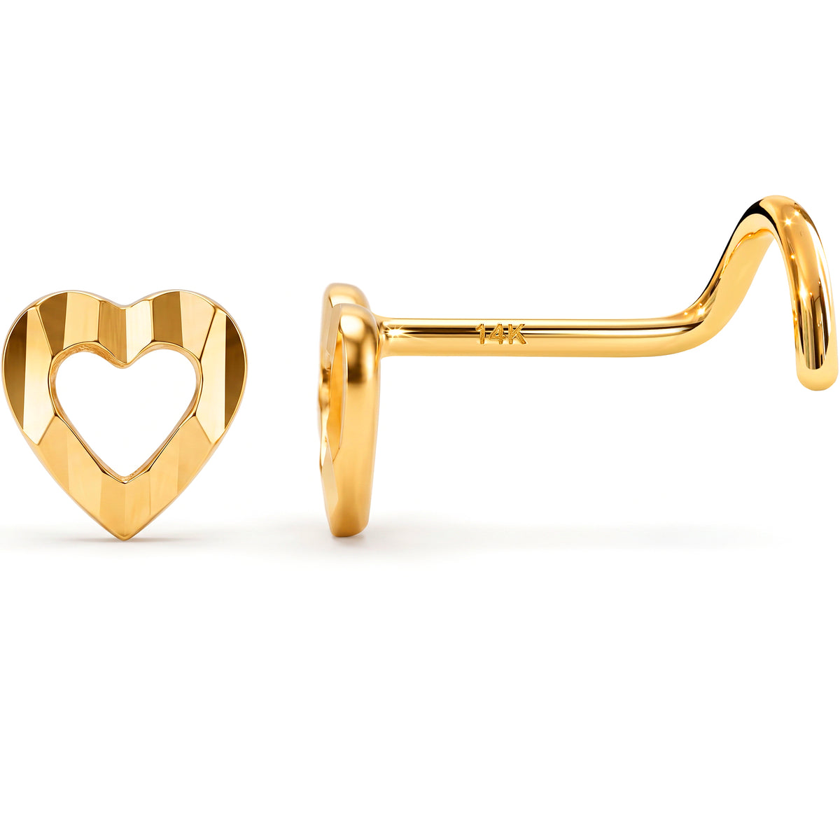 Solid 14k Yellow Gold Open Heart 22G Nose Screw Ring